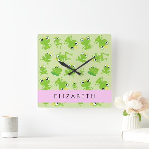 Frog Pattern Green Frogs Frog Prince Your Name Square Wall Clock