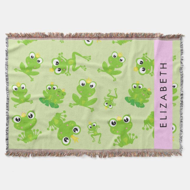 Frog Pattern, Green Frogs, Frog Prince, Your Name Throw Blanket (Front)