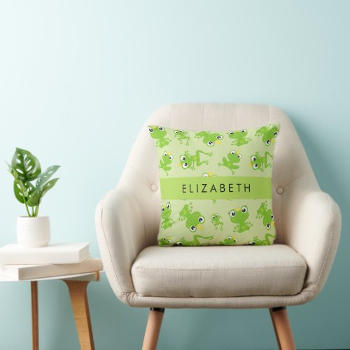 Frog Pattern Green Frogs Frog Prince Your Name Throw Pillow