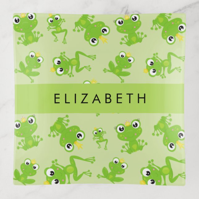 Frog Pattern, Green Frogs, Frog Prince, Your Name Trinket Tray (Front)