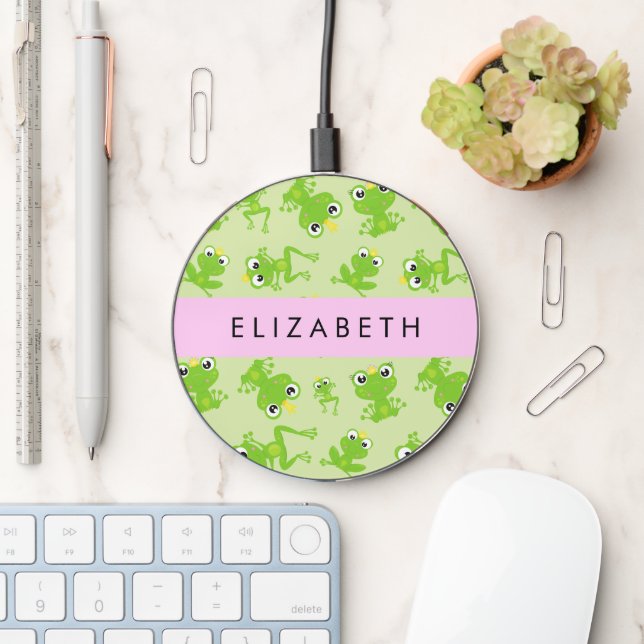 Frog Pattern, Green Frogs, Frog Prince, Your Name Wireless Charger (Desk)