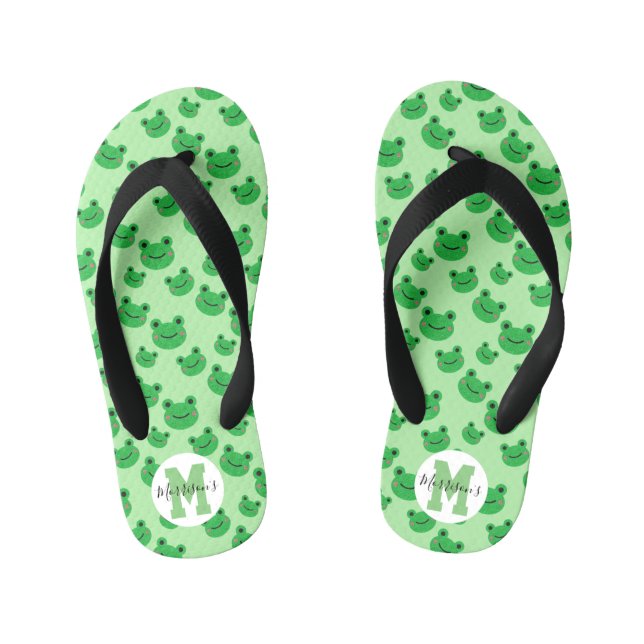 Frog Pattern w/ Name Green Theme Kid's Flip Flops (Footbed)