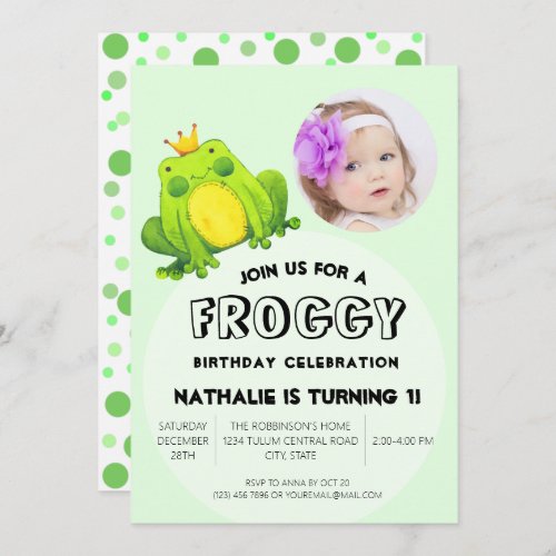 Frog Photo Birthday Pink 1st Party Cute Polka Dots Invitation