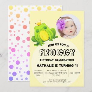 Frog Photo Birthday Pink 1st Party Cute Polka Dots Invitation