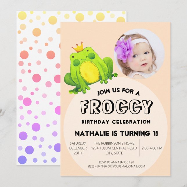 Frog Photo Birthday Pink 1st Party Cute Polka Dots Invitation (Front/Back)