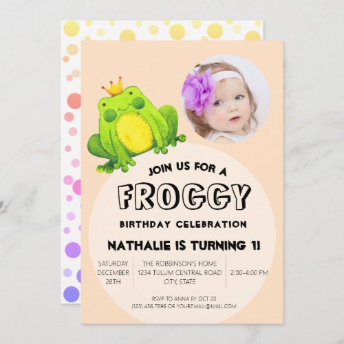 Frog Photo Birthday Pink 1st Party Cute Polka Dots Invitation