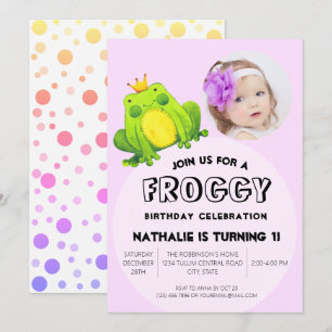 Frog Photo Birthday Pink 1st Party Cute Polka Dots Invitation