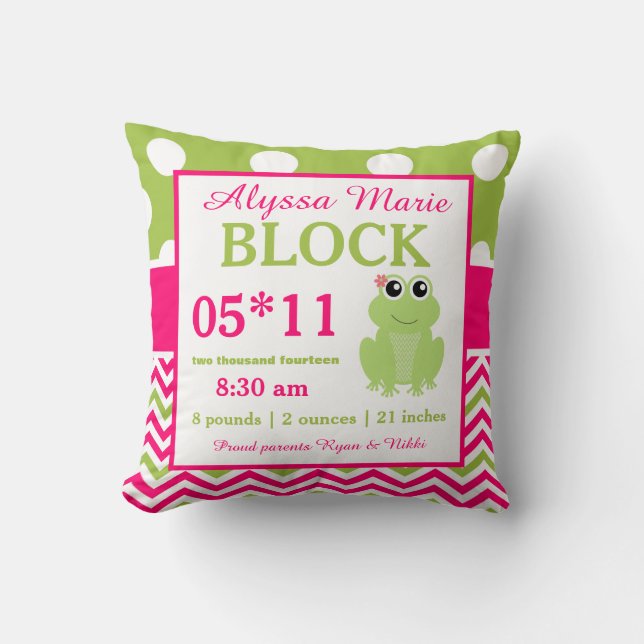 Frog Pink Green Baby Announcement Pillow (Front)