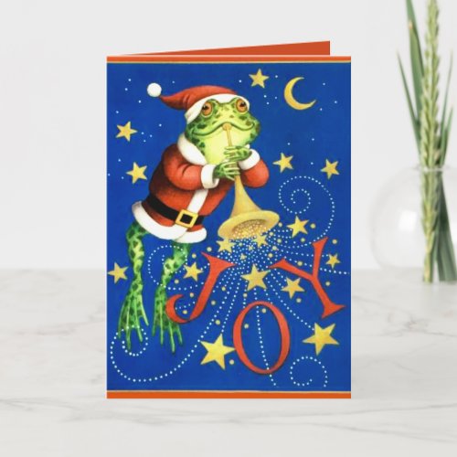 Frog play trumpet Christmas greeting card