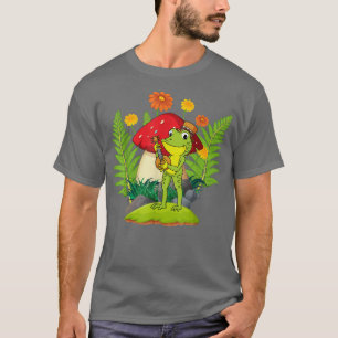 Frog Playing Banjo Guitar on Mushroom Cottagecore T-Shirt