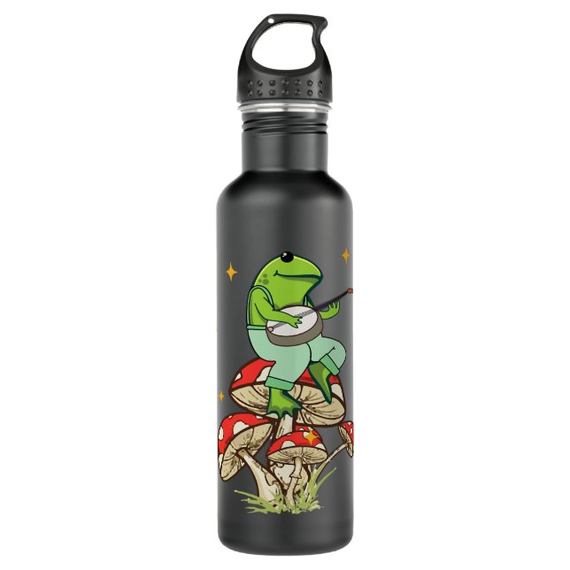 Frog Playing Banjo Mushroom Flower Stainless Steel Water Bottle (Front)