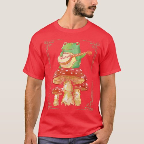 Frog Playing Banjo on Mushroom Cottagecore Aesthet T_Shirt