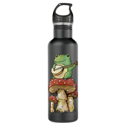 Frog Playing Banjo on Mushroom Cute Cottagecore Ae Stainless Steel Water Bottle