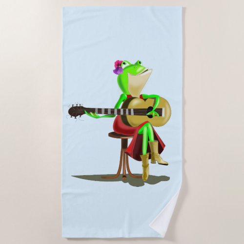 Frog Playing Guitar Beach Towel