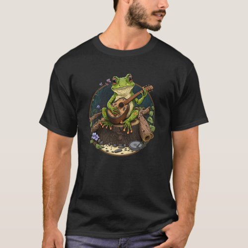 Frog Playing Guitar Frog Playing Banjo On Log T_Shirt