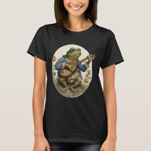 Frog Playing Mandolin Banjo Cottagecore Aesthetic  T_Shirt
