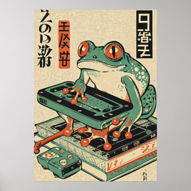 Frog Playing Pc Games, Ukiyo-e Frog Art, Frog  Poster (Front)