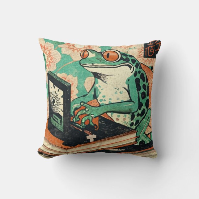 Frog Playing Pc Games, Ukiyo-e Frog Art, Frog  Throw Pillow (Front)