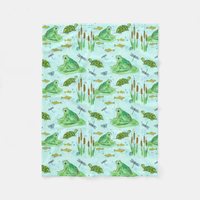 Frog Pond Fish Watercolor Fleece Blanket (Front)
