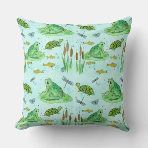 Frog Pond Goldfish Turtles Dragonfly Green Throw Pillow