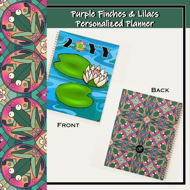 Frog Pond Kaleidoscope Water Lillies Personalized Planner (Colorful frog pond kaleidoscope stained glass look - purple, blue, pink, orange, green, yellow.)