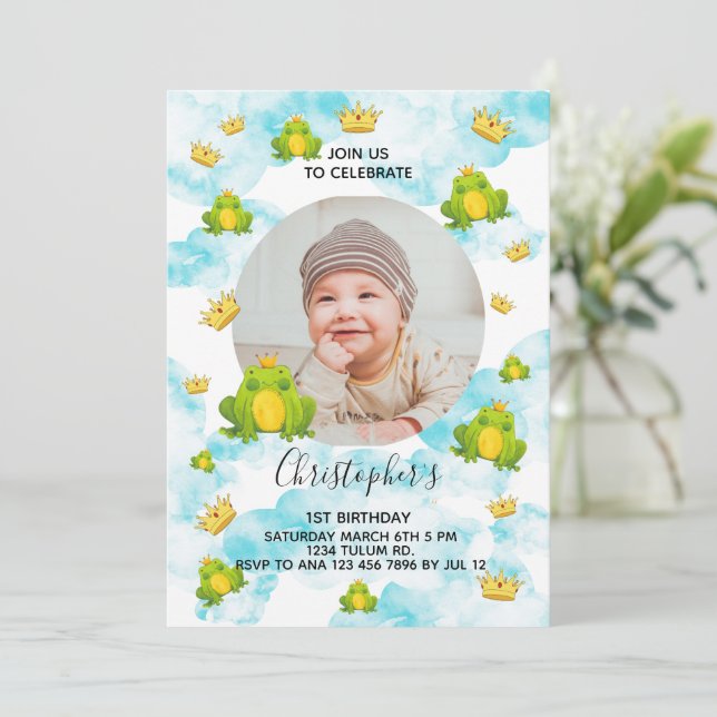 Frog Prince 1st birthday watercolor cloud photo In Invitation (Standing Front)