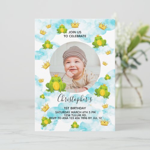 Frog Prince 1st birthday watercolor cloud photo In Invitation