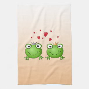 Frog Prince and Frog Princess, with hearts. Kitchen Towel
