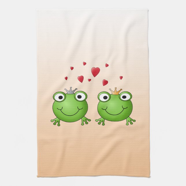 Frog Prince and Frog Princess, with hearts. Kitchen Towel (Vertical)