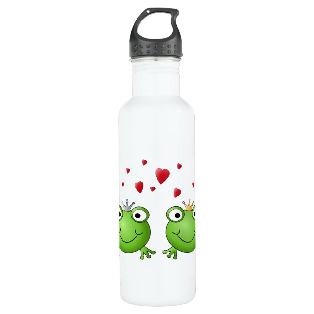 Frog Prince and Frog Princess, with hearts. Water Bottle (Front)