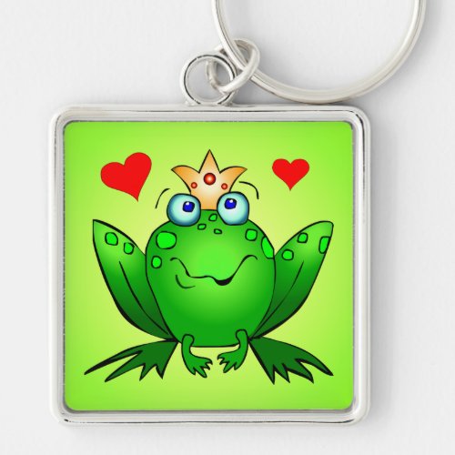 Frog Prince Crown and Hearts Green Keychain