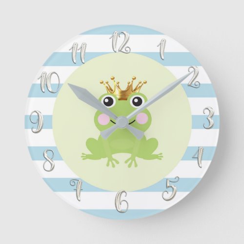 Frog Prince Gold Crown Cute Whimsical Nursery Blue Round Clock