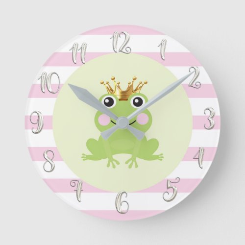 Frog Prince Gold Crown Cute Whimsical Nursery Pink Round Clock