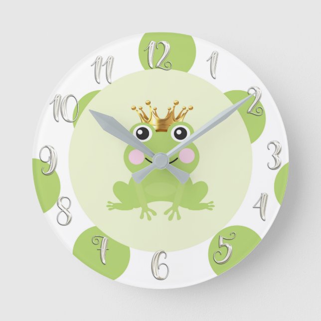 Frog Prince Gold Crown Cute Whimsical Nursery Round Clock (Front)