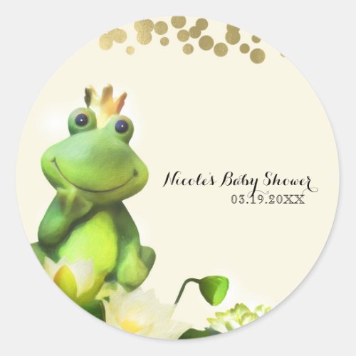 Frog Prince Green  Gold Baby Shower Custom Favor Classic Round Sticker