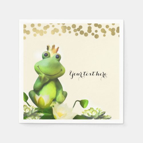 Frog Prince Green  Gold Baby Shower Custom Party Paper Napkins