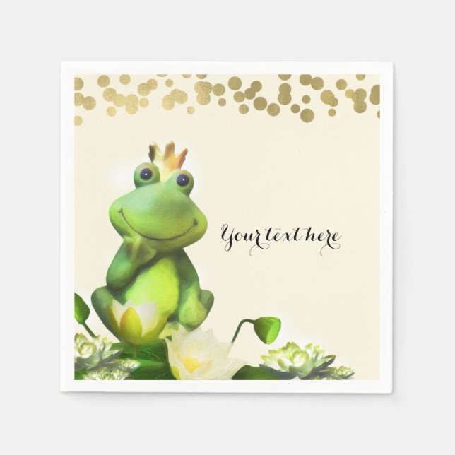 Frog Prince Green & Gold Baby Shower Custom Party Paper Napkins (Front)