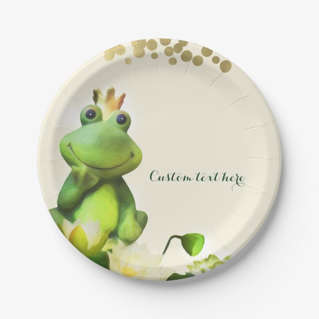 Frog Prince Green & Gold Baby Shower Custom Party Paper Plates (Front)