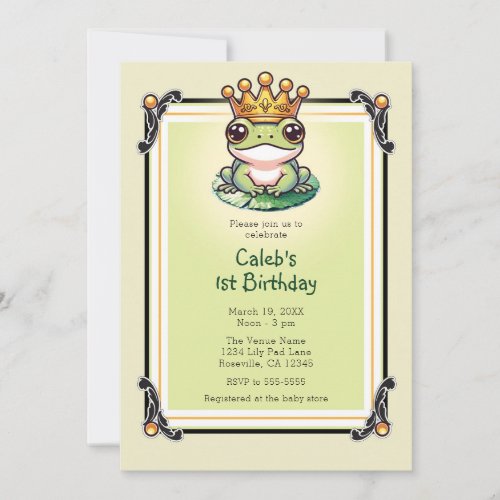 Frog Prince in Gold Crown 1ST Birthday Party Invitation