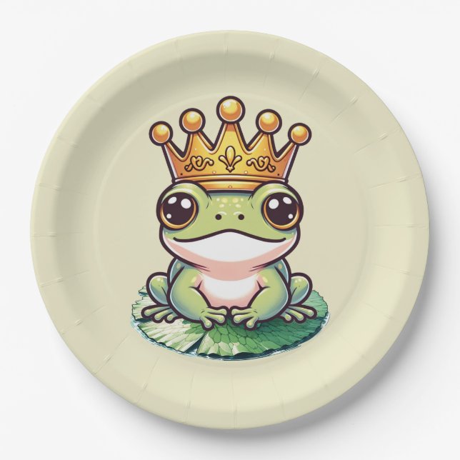 Frog Prince in Gold Crown Baby Shower Birthday Paper Plates (Front)