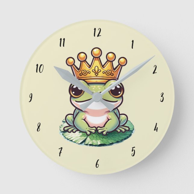 Frog Prince in Gold Crown Fairytale Nursery Room Round Clock (Front)