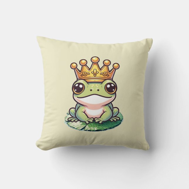 Frog Prince in Gold Crown Fairytale Nursery Room Throw Pillow (Front)