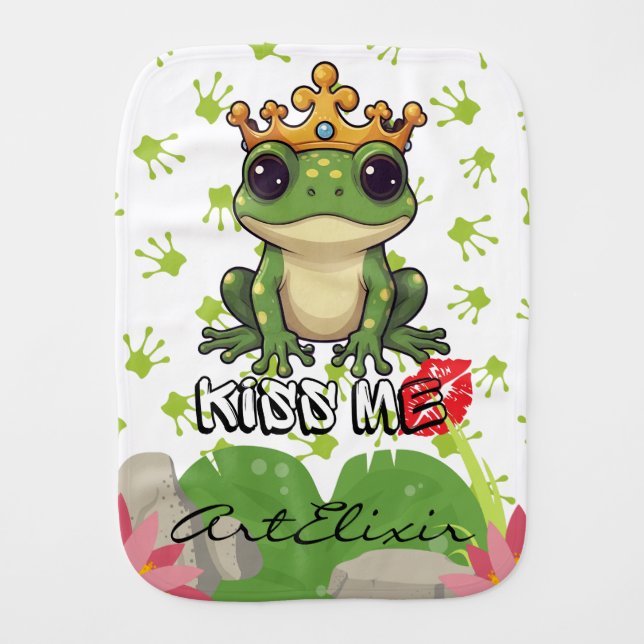 Frog Prince, Kiss me Print Baby Burp Cloth (Front)