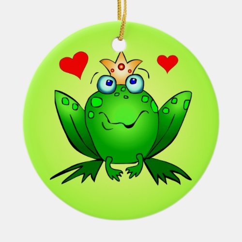 Frog Prince Princess Cartoon Frogs Hearts Green Ceramic Ornament