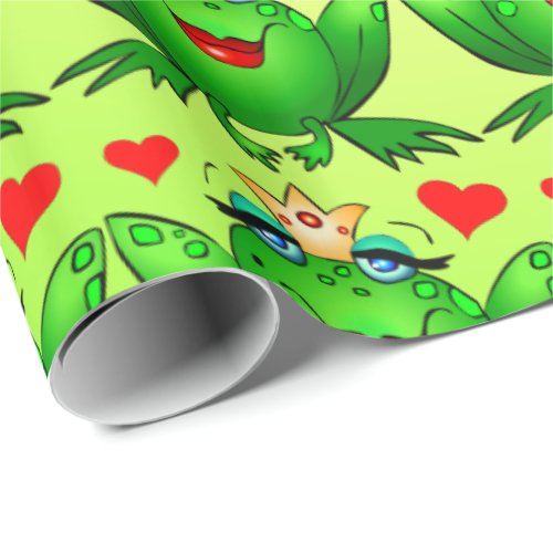 Frog Princess Hearts Cheerful Green Wrapping Paper