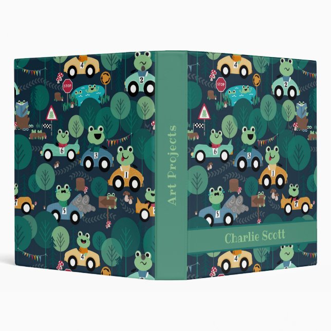 Frog Race Car Drivers Kids Personalized 3 Ring Binder (Background)