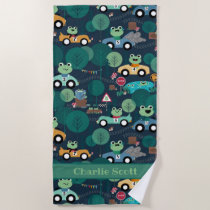 Frog Race Car Drivers Kids Personalized Beach Towel