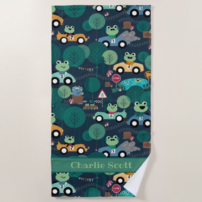 Frog Race Car Drivers Kids Personalized Beach Towel (Front)