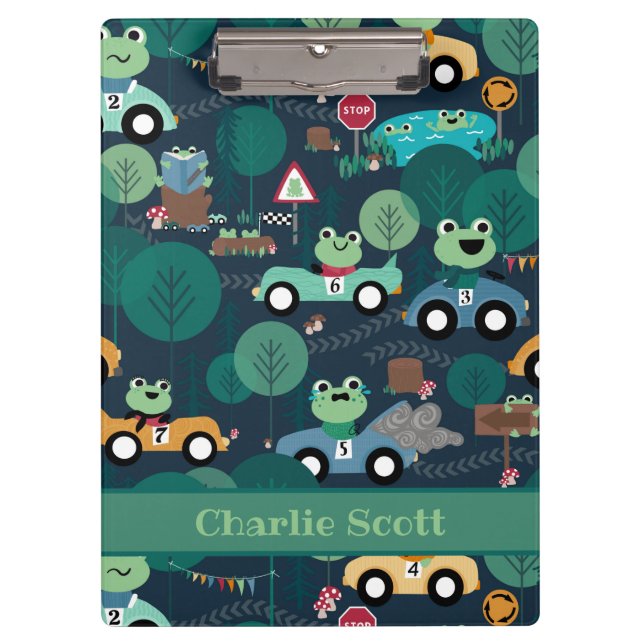 Frog Race Car Drivers Kids Personalized Clipboard (Front)