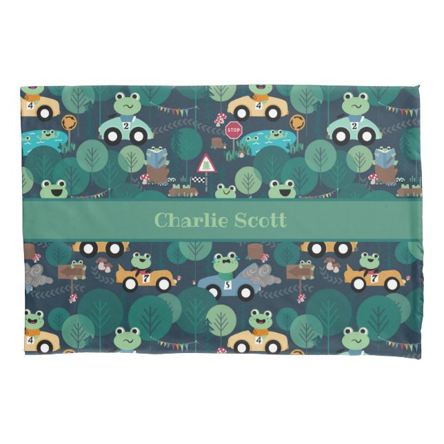 Frog Race Car Drivers Kids Personalized Pillow Case (Front)